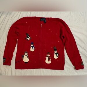 Crazy Horse Vintage Holiday Sweater Cardigan Red with Snowmen Snow Beads Sz L